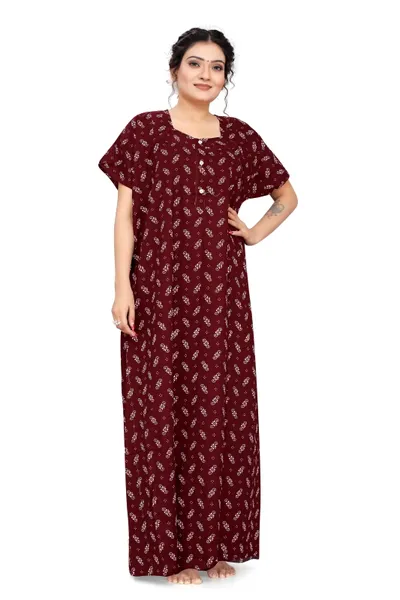 Women's Cotton ALine Floral Print Nighty Maroon