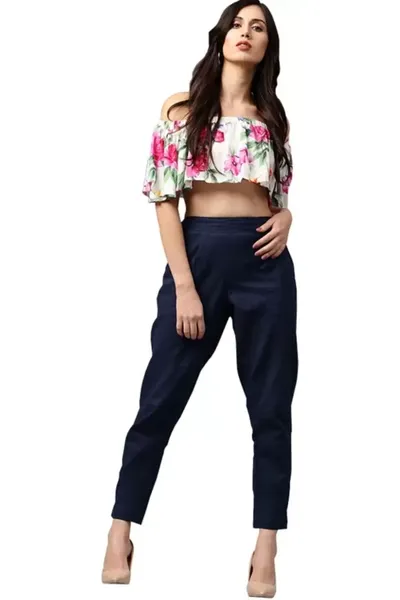 Rayon Stretchable Slim Fit Straight Casual Trousers for Ladies