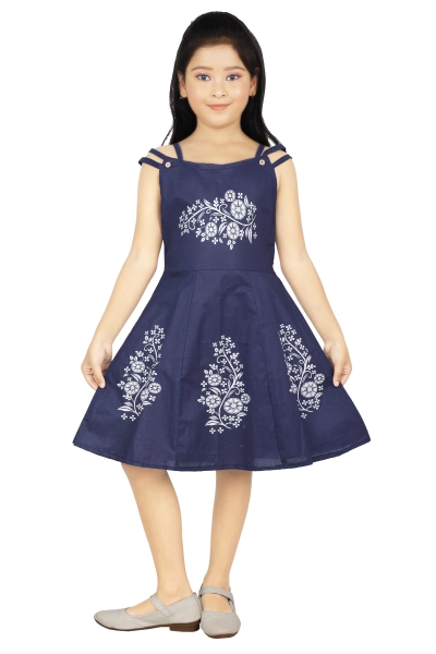 Navy and White Printed Fit Flare Dress For Girls