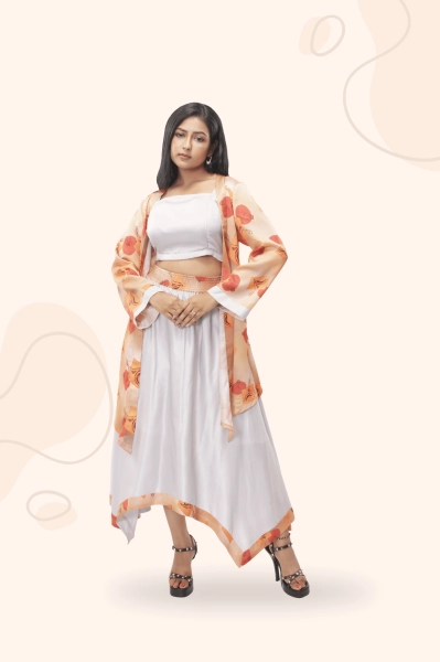 Jwala Asymmetrical Skirt with Crop Top and Long Shrug Set