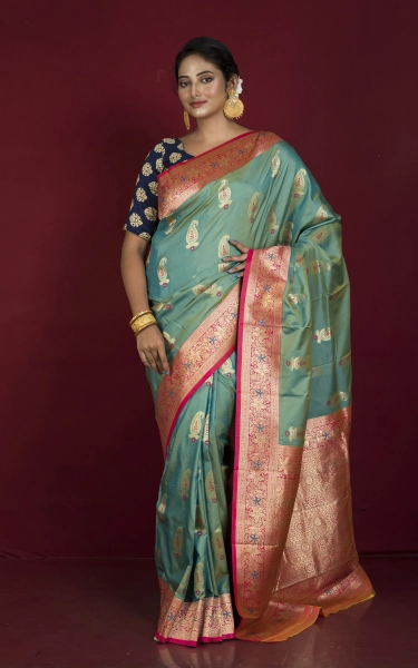 Traditional Paisley Motif Work and Golden Zari Work Katan Silk Sari