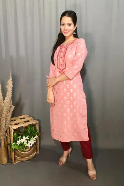 Women's Peach Colour Yoke Embroidered Printed Kurta With Trousers