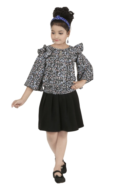 Blue Black Floral Top Skirt For Girls