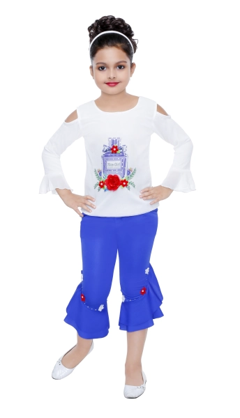 Crepe Fabic Blue Color Readymade Top and Capri Set For Kids