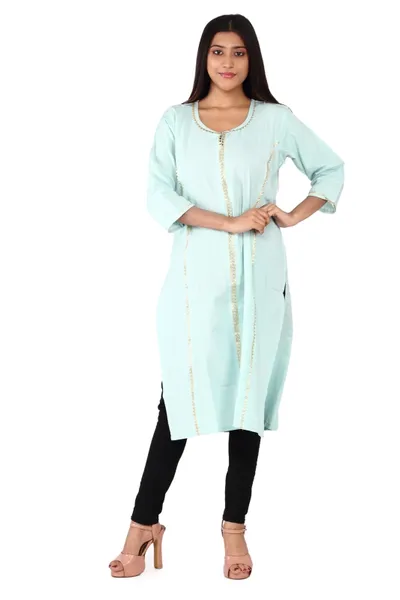 Sky Blue Round Neck Printed Cotton Kurti