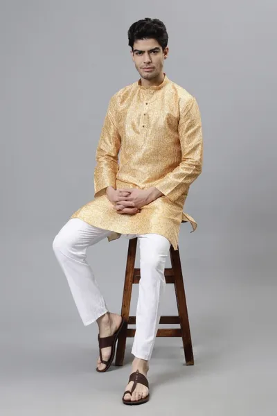 Abstract Golden Yellow Sequence Work Kurta For Men