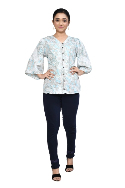 Printed V-Neck Shirt Styled Top For Women