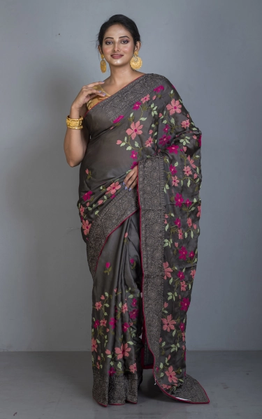 Parsi Cross Stitch Work Designer Italian Crepe Silk Saree