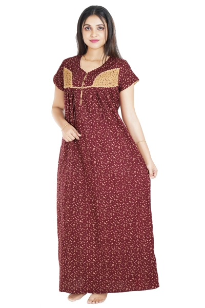 Cotton  Fabric Embroidery Maroon Color Nighty for Womens