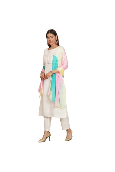 White Boat Neck Calf Length Rayon Kurta Dupatta Set