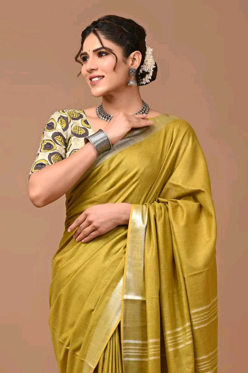 Pure Linen Saree With Silver Zari Border