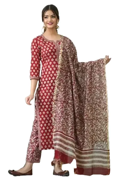 Maroon  Round Neck Floral Print Rayon Kota Kurta Pant Dupatta