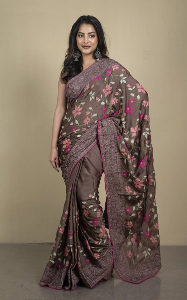 Parsi Cross Stitch Work Designer Italian Crepe Silk Saree