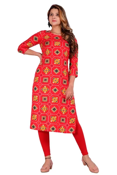 Rayon Calf Length Printed Straight Kurti for Ladies