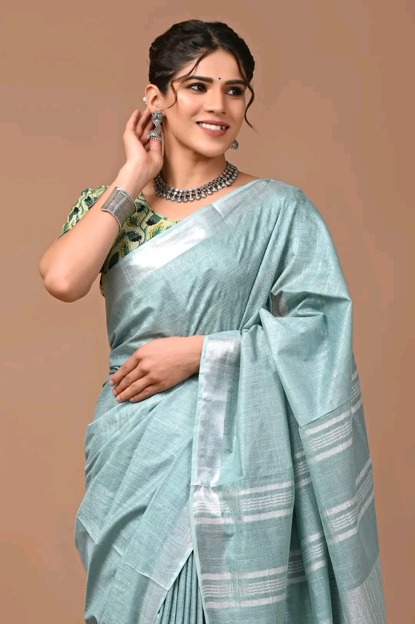 Pure Linen Saree With Silver Zari Border