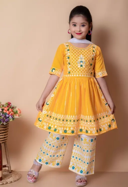 Rayon Embroidery Yellow Color Kurti and Pant Set For Kids