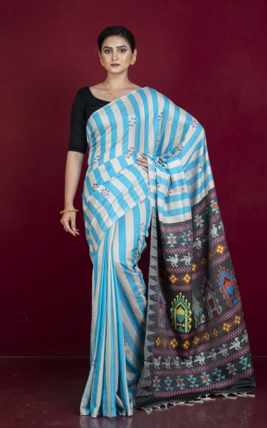 Handwoven Striped Raw Silk Saree with Dolabedi work Pallu