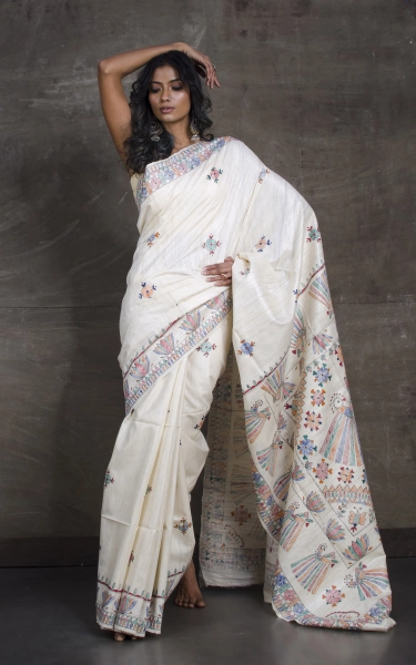 Hand Paint Madhubani on Off White Gicha Tussar Silk Saree