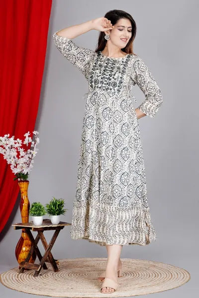 Yoke Embriodered Rayon Floral Printed Anarkali Kurti For Women