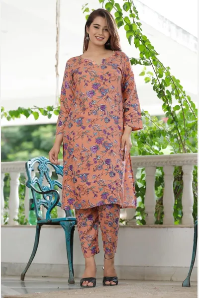 Rayon Brown Multicolour Floral Printed kurta Set For Women