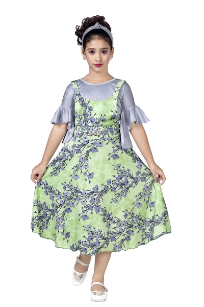 Floral printed Green Color high Neck  Stylish Frock For Kids