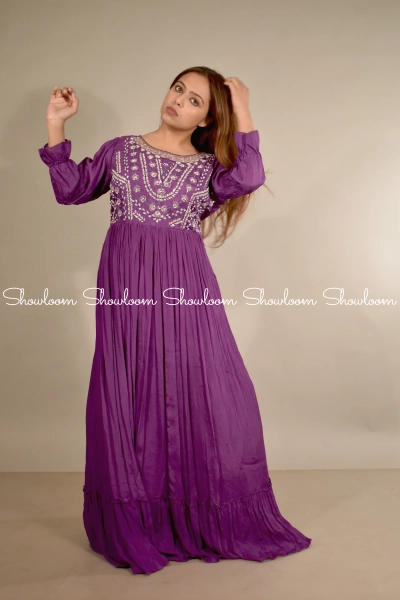 Women’s Stylish Chinnon Long Gown With Embroidery Work