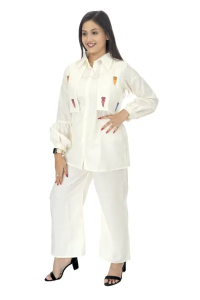 Off White Embroidered Jacket Shirt And Trouser Co Ord Set For Women