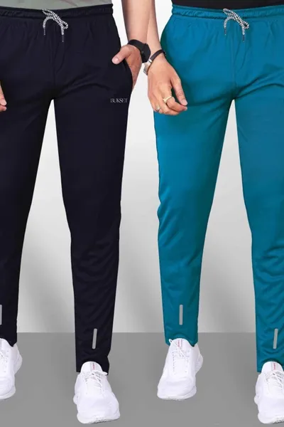 BUKSET Men's Regular Fit Track Pants Pack of 2 Black And Sky Blue