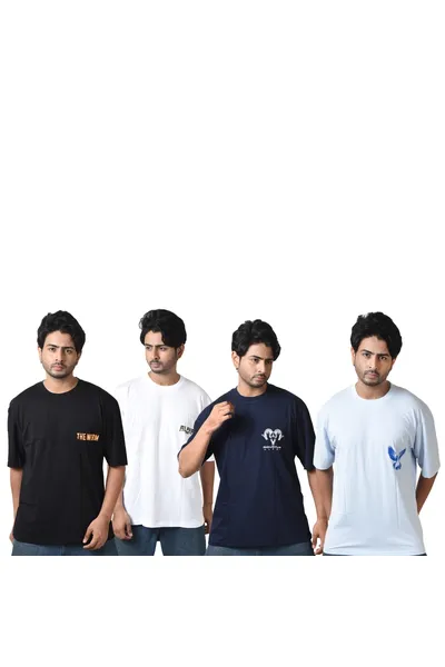 Combo Pack of 4 Oversized Round Neck Pure Cotton T-Shirts For Men