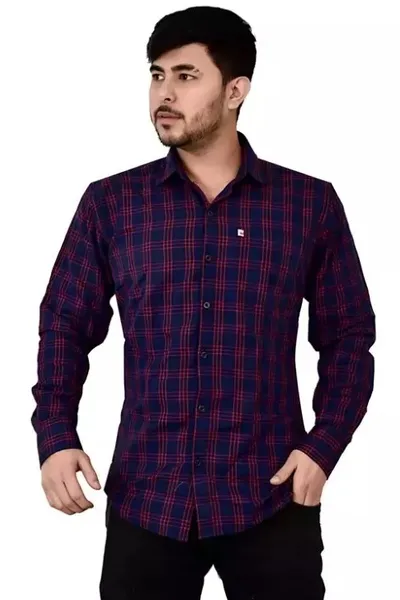 Red And Blue Checks Casual Wear Regular Fit Shirt  For Men