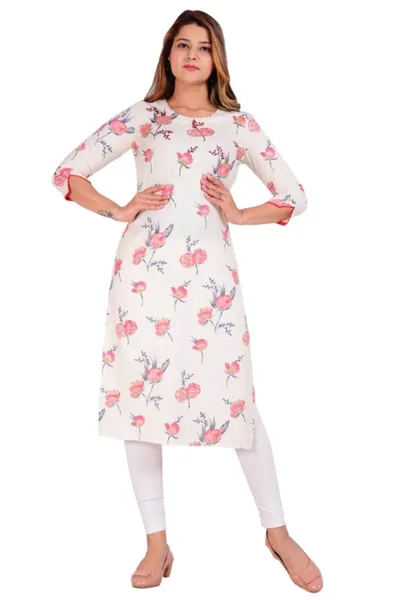 Rayon Calf Length Floral Printed Straight Kurti for Ladies