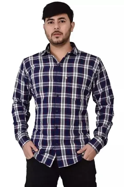 Dark Navy Blue White  Checks Casual Wear Regular Fit Shirt For Men