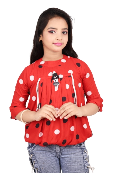 Girls Solid Pleated  Printed Red Color Light Weight Design Top