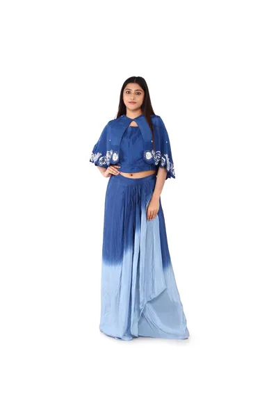 Designer Indo Western Crop Top With Cape And Gown Set