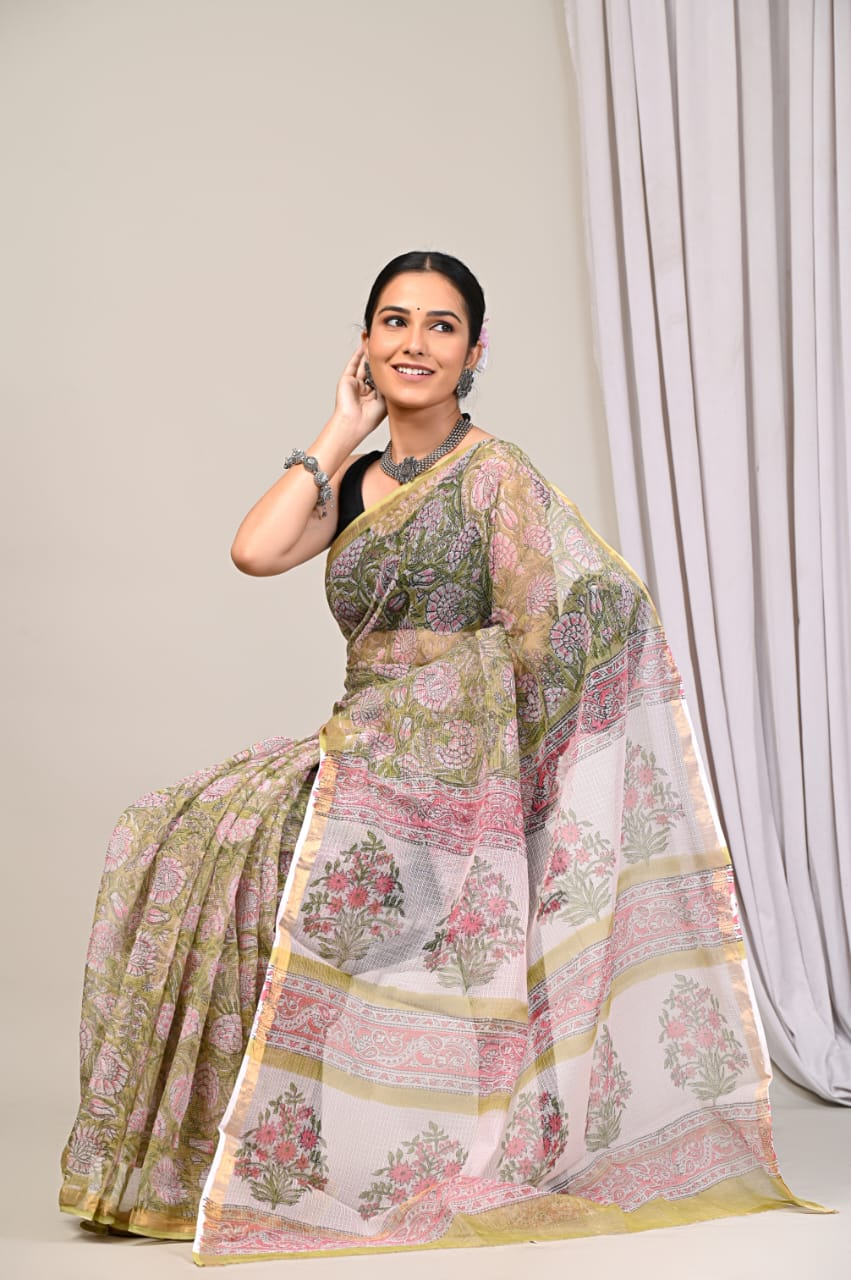 Floral Block Printed Cotton Kota Doriya Saree