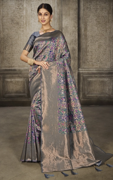 Woven Pashmina Minakari Thread Work Silk Saree