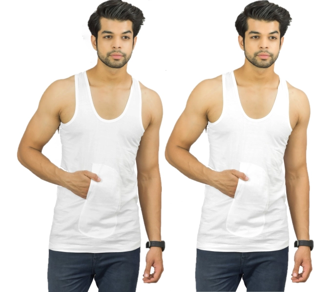 White Cotton Fabric V Neck  Sleeveless pocket Vest for Men (Pack of 2)