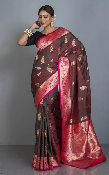 Traditional Paisley Motif Work and Golden Zari Work Katan Silk Sari