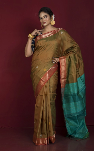 Handwoven Bishnupuri Chatai Medium Border Katan Silk Saree