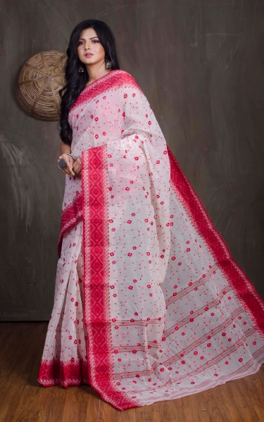 Bengal Handloom Cotton Saree with Floral Jaal Embroidery Work