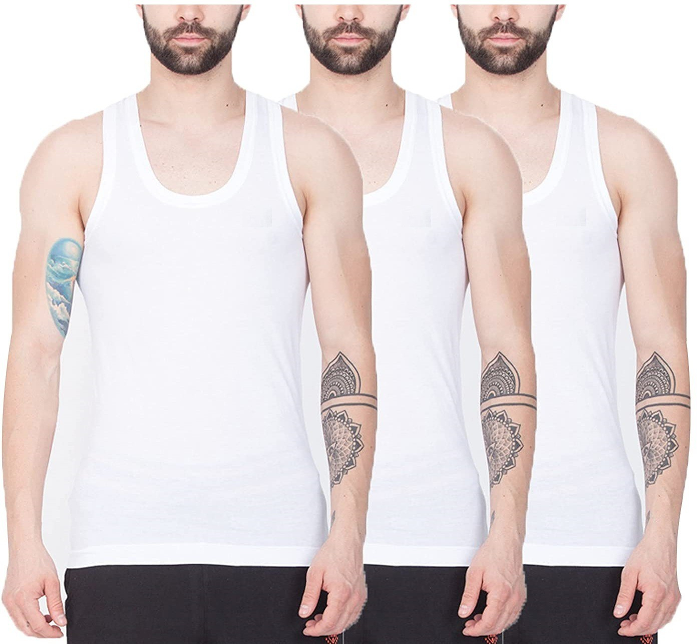 PACK OF 3  WHITE COTTON FABRIC SLEEVELESS VEST FOR MEN