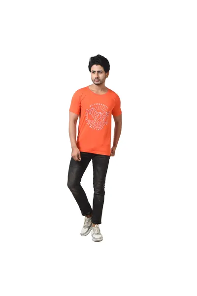 Orange Printed Round Neck Pure Cotton T-Shirt For Men