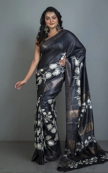 Soft Quality Block Printed Pure Gicha Tussar Silk Saree