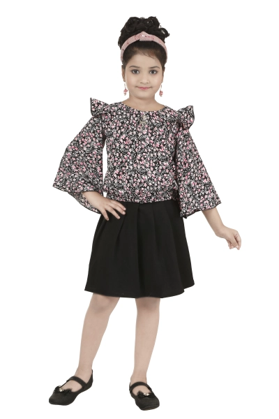 Pink Black Floral Top  Skirt For Girls