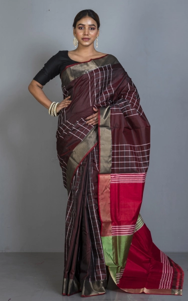 Handwoven Bishnupuri Checks Katan Silk Saree