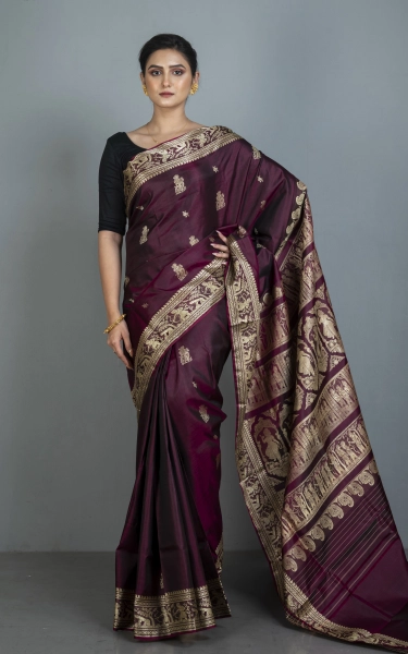 Handwoven Baluchari Pure Silk Saree in Wine and Beige