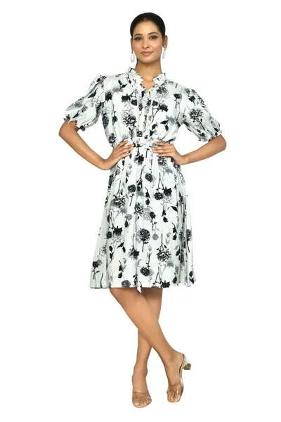 PECKER Women Printed White Knee Length Fancy Aline Dress