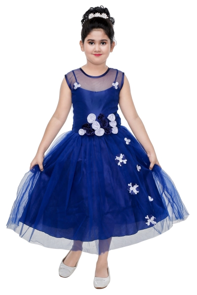 Baby-Girl's Net Fit and Flare Knee Length Blue Color Dress