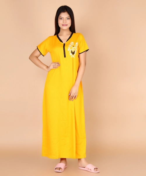 Women Cotton High Neck Embroidery Nighty