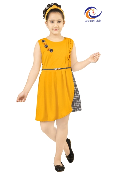 Round Neck Cotton Sleeveless Yellow Color Dress for Kids